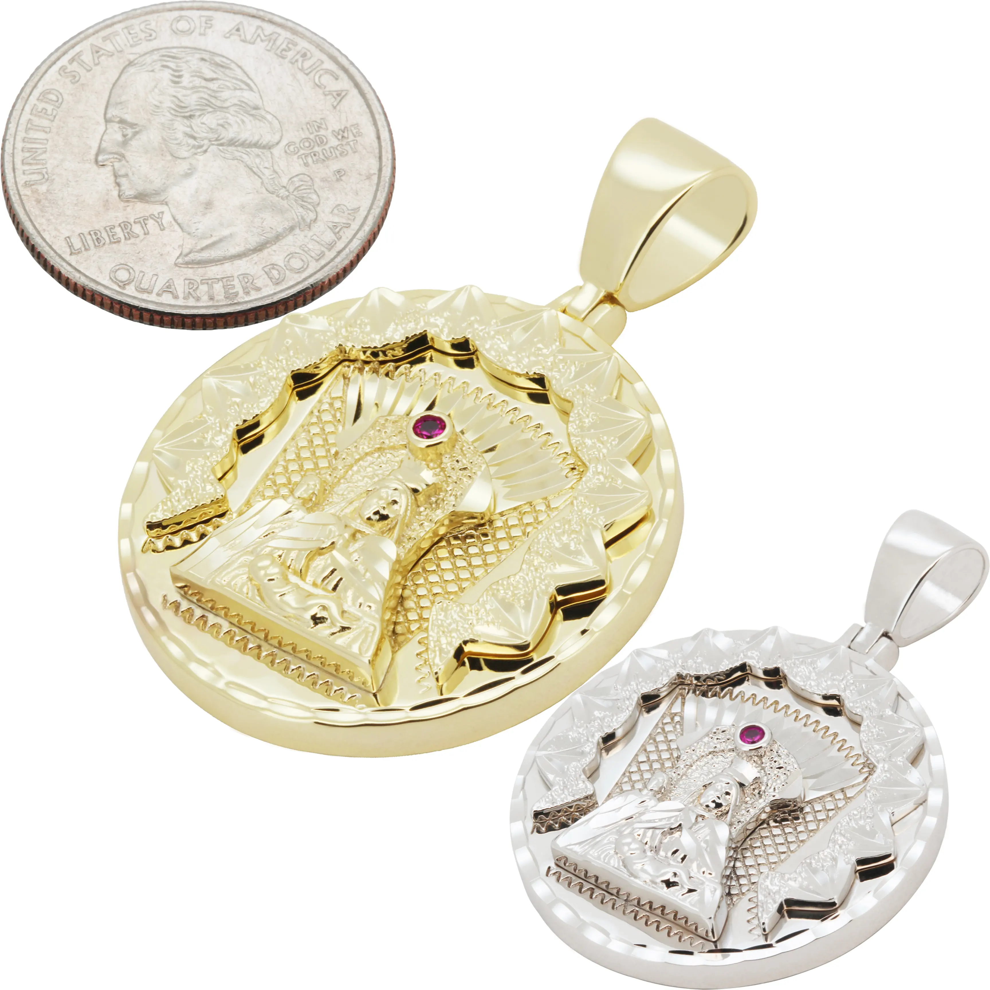14k Yellow/White Gold Plated AAA Cubic Zirconia Virgin Mary Medallion Pendant
