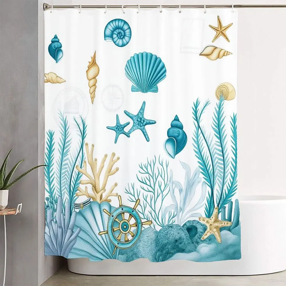 1/4pcs Shower Curtain and Bath Mat Set - Nautical Seashells, Starfish Design in Soft Teal and Gold for Beach-Themed, Bathroom Decor - Complete with Toilet Lid Cover and Shower Hooks