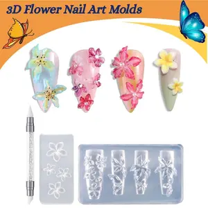 3D Flower Nail Art Molds – 2PCS Silicone Set with Pen | Clear Cherry Blossom & Hibiscus Designs for DIY Resin Nails”