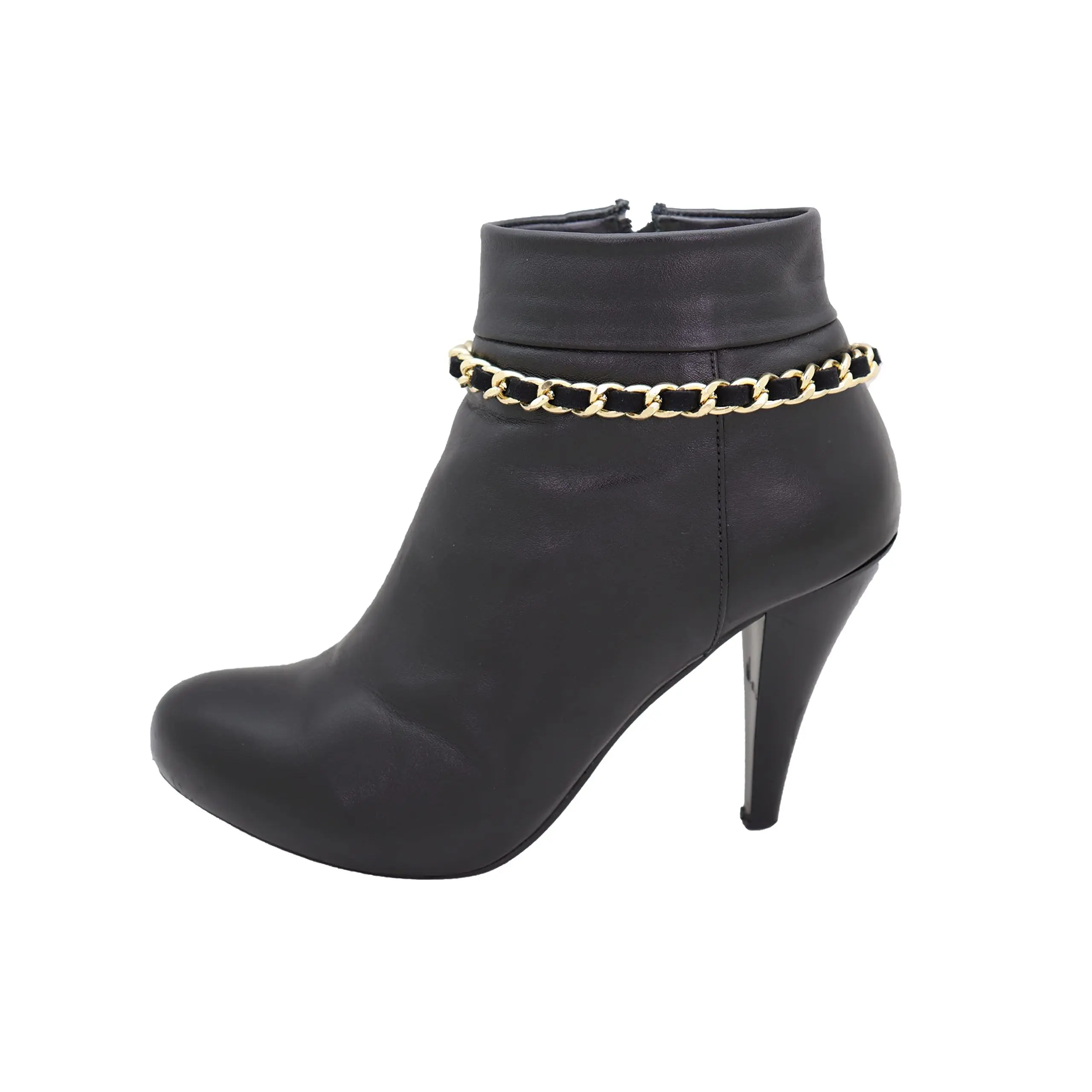 Women Fashion Metal Western Boot Bracelet Chain Shoe Anklet Gold Metal Links Black Fabric Band