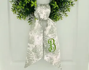 Monogrammed Spring Green Toile Wreath Sash for Front Door - Personalized Embroidered Easter Chinoiserie Home Decor