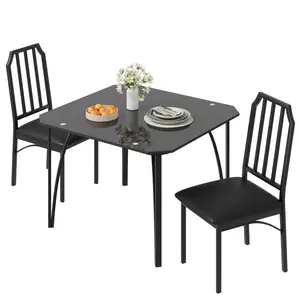 Modern Space-Saving Dining Table Set – Black Glass Top, Upholstered PU Cushion Chairs, Rectangular, Ideal for Small Apartments, Home, Breakfast Nook