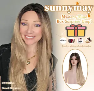 Sunnymay Layered Cut Women’s Fashion Synthetic Wig “NYMERIA Denali Espresso” — Blonde highlight synthetic lace wig; honey blonde wigs; ash blonde wig; curly wig; glueless; ready to wear; pre-cut for lace