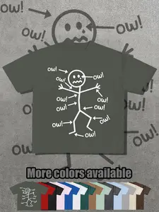 Abstract Funny Stick Figure Print T-Shirt, Full Body Pain Owowow, Loose Fit Short Sleeve Top, Casual Graphic Tee for Daily Wear