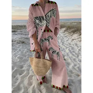 Plus Size - Plus Size - Chic Coastal Style Featuring a Stylish And Cozy Beach Getaway Outfit, Consisting of a Pink Adorable Zebra-Patterned Long-Sleeve Top And Matching Pants for Women