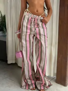 Women's Striped Wide-Leg Pants, Drawstring Waist Lightweight Beach Trousers, Casual Vacation-Style Loose-Fit Bottoms, Adjustable Womenswear