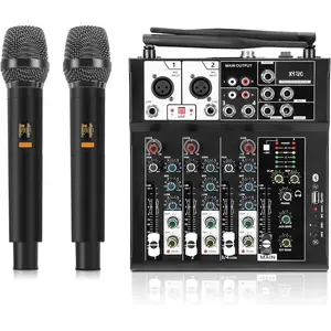 4  Audio Mixer, Karaoke Mixer with Dual  Microphones, Professional Sound Board DJ Mixing Console MP3  48V Phantom Power USB Interface for PC Studio Recording Party