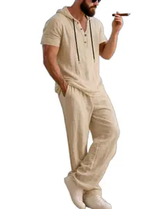 Men's summer linen hooded short sleeved long pants two-piece set! Loose and not picky about body shape, breathable and not stuffy, plus size friendly, versatile for vacation and commuting in multiple scenarios