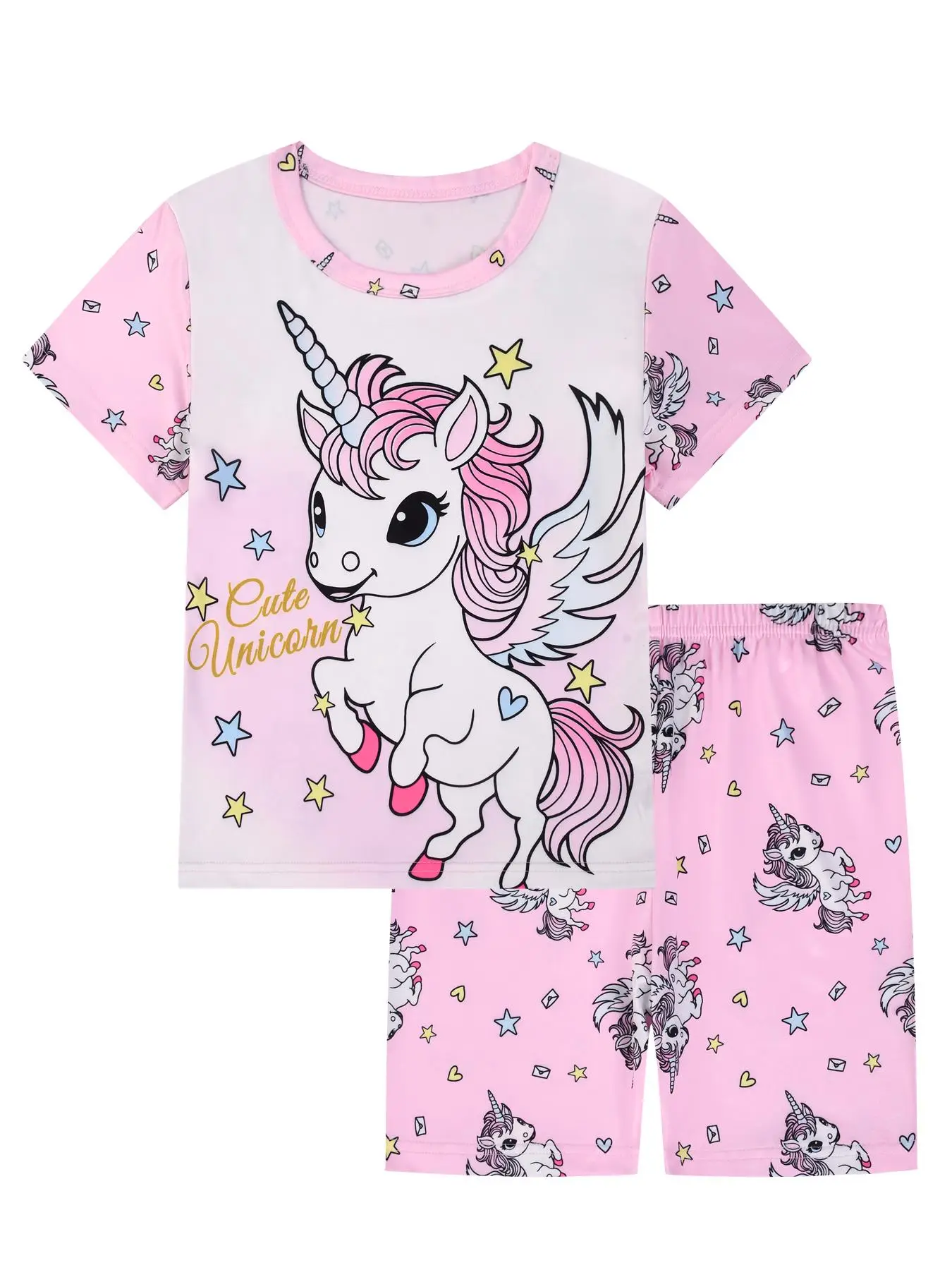 Girl's Cartoon Print Tee & Shorts Pajama Set, Cute Comfy Round Neck Short Sleeve Tops & Trousers Pj Set, Kids Sleepwear for Summer, Fashion Clothing S