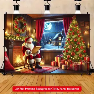 2D Flat Printing Backdrop Banner 1pc, Party Decorations Banners, Santa Preparing Christmas Presents Vibrant Polyester Background Cloth for Family Party, Wedding, Birthday, Christmas, Thanksgiving, Fall, Entryway, Room Decorations, Easy to Set Up, Reusable