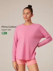 GLOWMODE Pima Cotton Oversized Long Sleeve Curved Slit Hem Round Neck Tee Daily Casual
