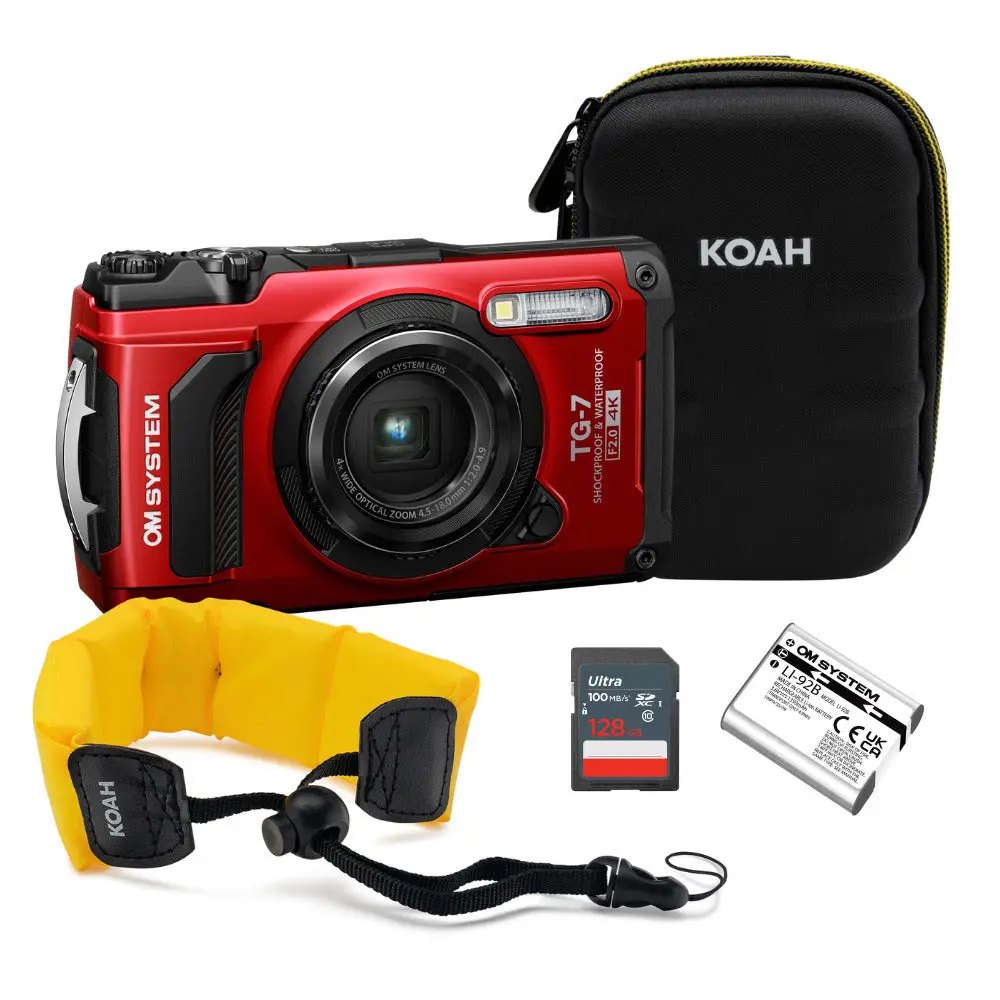 OM SYSTEM Tough TG-7 Digital Camera (Red) Bundle with 128GB Memory Card, Battery and Accessories