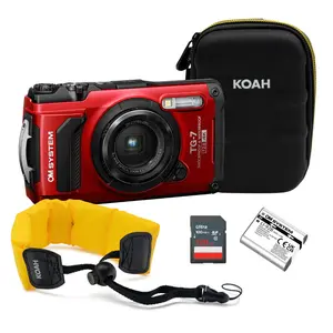 OM SYSTEM Tough TG-7 Digital Camera (Red) Bundle with 128GB Memory Card, Battery and Accessories