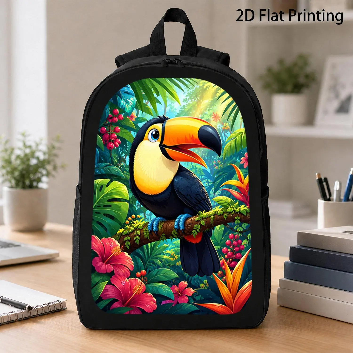 [17 Inch Backpack] 1pc Colorful Toucan Bird Pattern Backpack Tropical Jungle Floral Print Backpack Rainforest Wildlife Art Backpack Laptop School Casual Travel Backpack