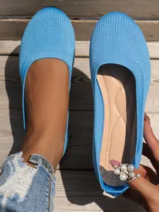 Women's Lightweight Breathable Comfort Flat Shoes, Home Commute Slip-On Single Shoe, Casual Daily Wear Footwear, Knit Flats, Summer Flats