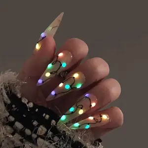 Colorful Lights Glow-In-The-Dark Christmas Long Stiletto Press On Nail - Luxurious XMas and Holiday Nail Art