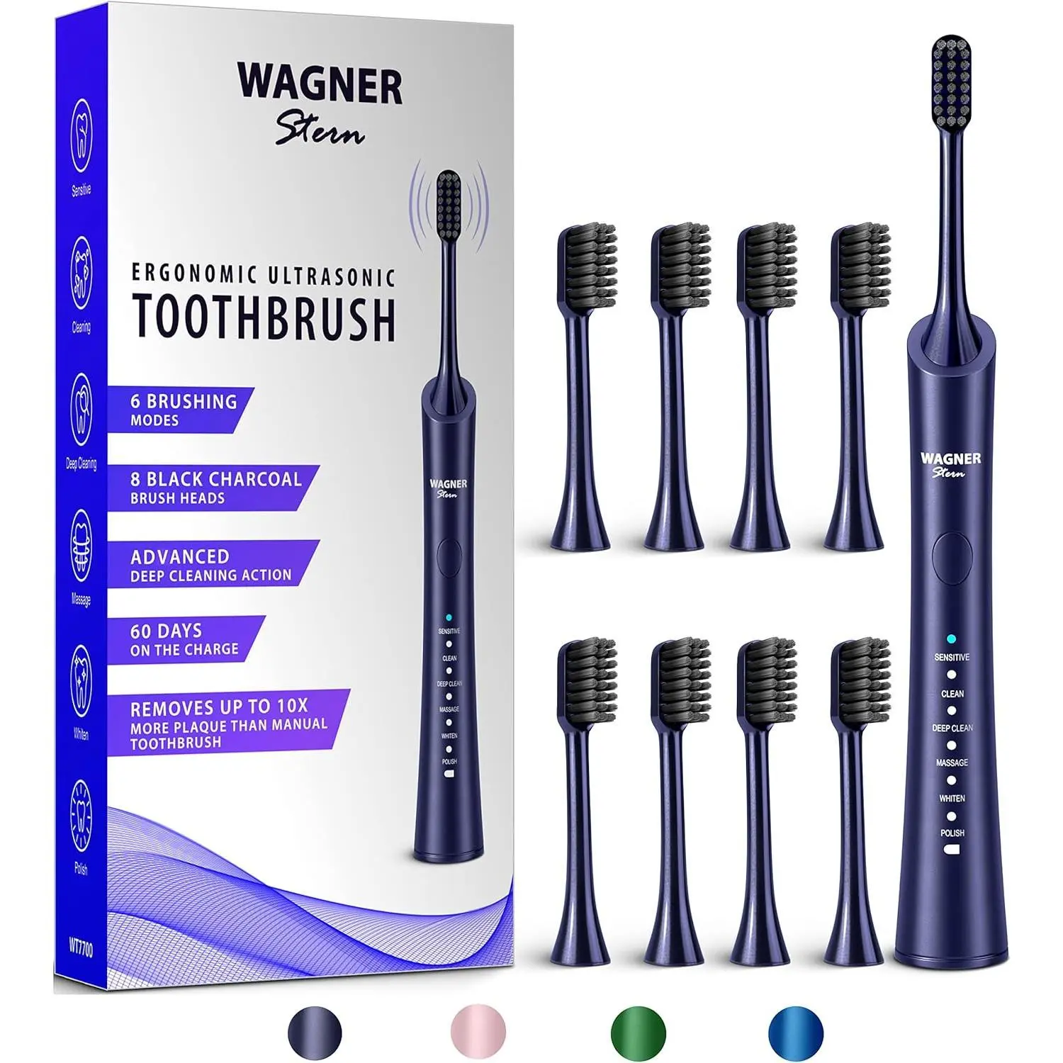 ultrasonic whitening Electric Toothbrush with 8 Charcoal Black Brush Heads. for Fresh Breath Healthy Smile. (Blue)