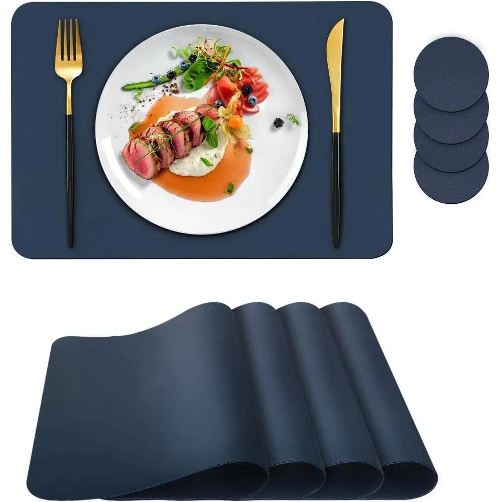 Kitchen Dining 4-Piece Weave Texture Placemat and Coaster Set - Heat, Stain, Scratch Resistant, Non-Slip, Waterproof, Oil-Proof, Washable, Wipeable, Large Size, Convenient Storage - for Kids, Indoor Use, Dining Kitchen