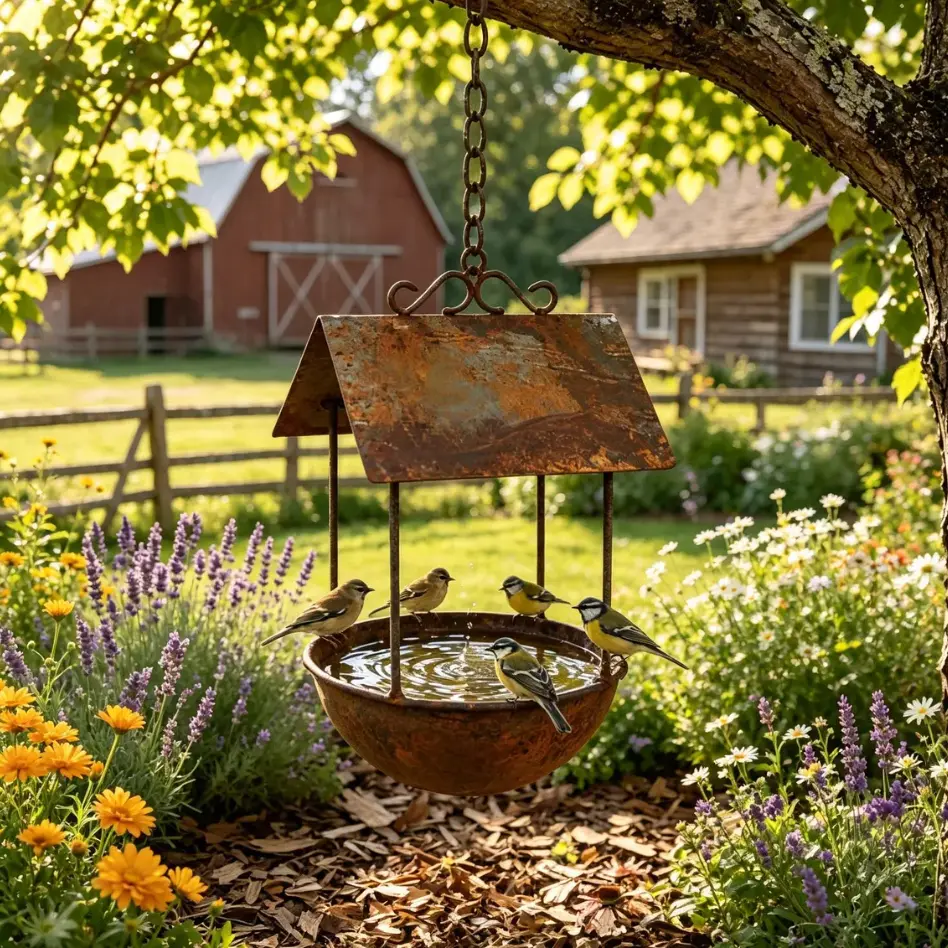 Hanging Metal Bird Bath Feeder for Outdoor Garden, Rustic Hanging Bird Water Bowl with Decorative Roof, Tree Mounted Bird Bath for Backyard Patio Lawn, Weather Resistant Iron Bird Feeder for Wild Birds, Farmhouse Garden Yard Decor, Easy Hanging Design