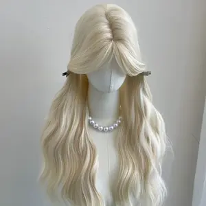 Women's Full Cap Platinum Blonde Long Curly Wig  Natural Middle Part Curtain Bangs, Water Wave Invisible Lace Front Wig