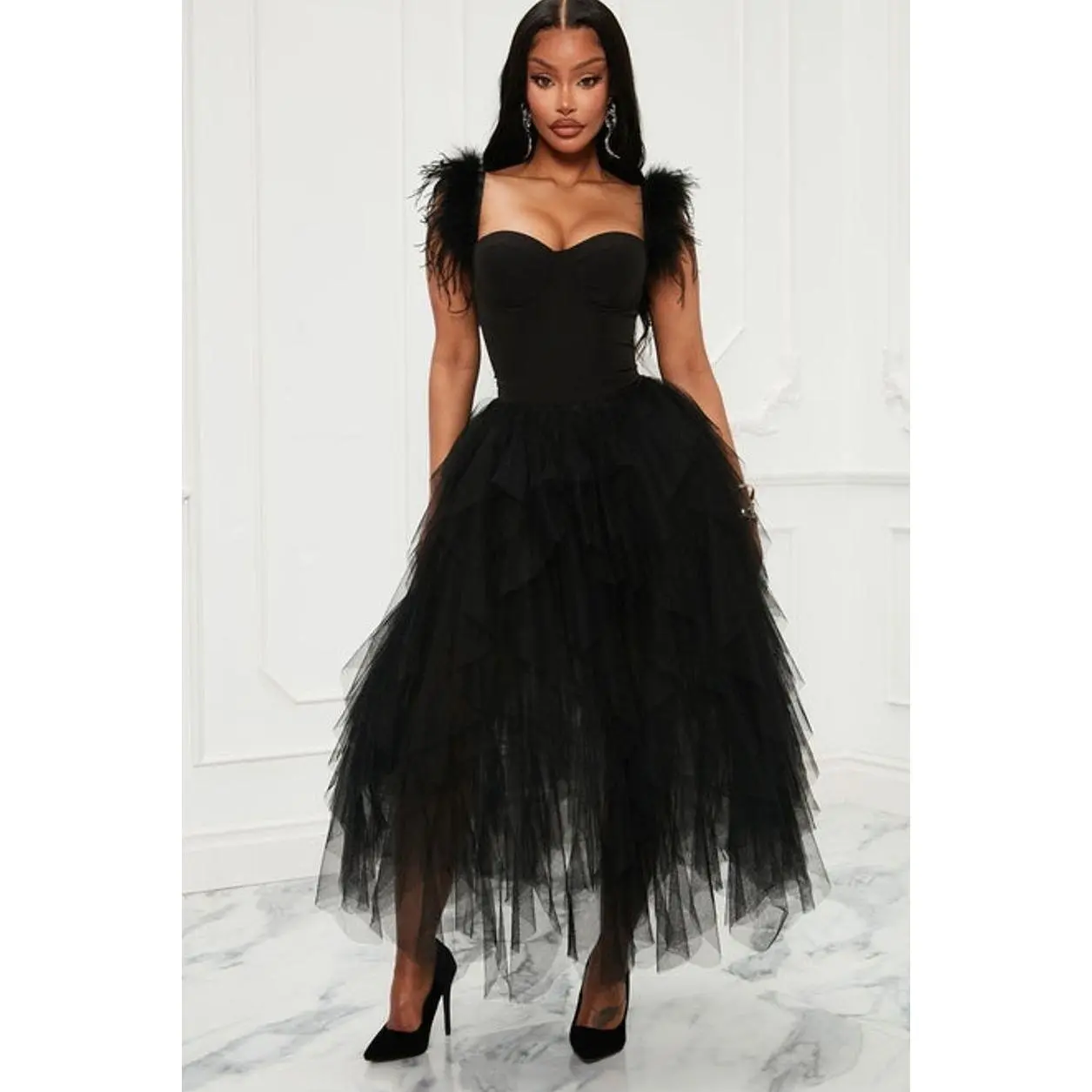 Camilla Women's Sleeveless Spaghetti Strap Tulle Maxi Dress - Feather Trim, Padded Bra Cups, Spandex-Blend Stretch Polyester, Bodysuit Lining with Zipper