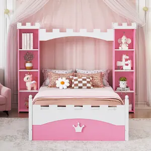 Castle-Shaped Wooden Bed with Storage Shelf, Dreamy Twin Size Platform Bed for Kids Bedroom, Pink+ White(Expected Arrival Time:8.14) Castle-Shaped Wooden Bed with Storage Shelf, Dreamy Twin Size Platform Bed for Kids Bedroom, Pink+ White(Expected Arrival Time:8.14)