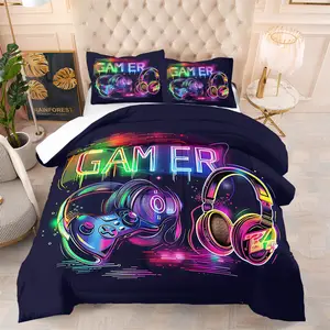 2/3PCS Neon Gamer Comforter Set, Cool Gaming Quilt, Soft Microfiber Bedding Set with Pillowcases (No Filler), Video Game Controller Headset Printed Bed Set for Teen Boys Bedroom & Dorm,All Season, Cartoon Printed Bedding