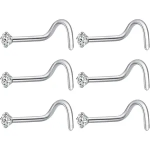 6Pcs Nose Rings Studs Corkscrew 20 Gauge Nose Piercing Jewelry Real Nose Piercings Surgical Steel 20G Screw Nose Rings Jewelry for Women Men 2mm 2.5mm 3mm CZ Gold Silver