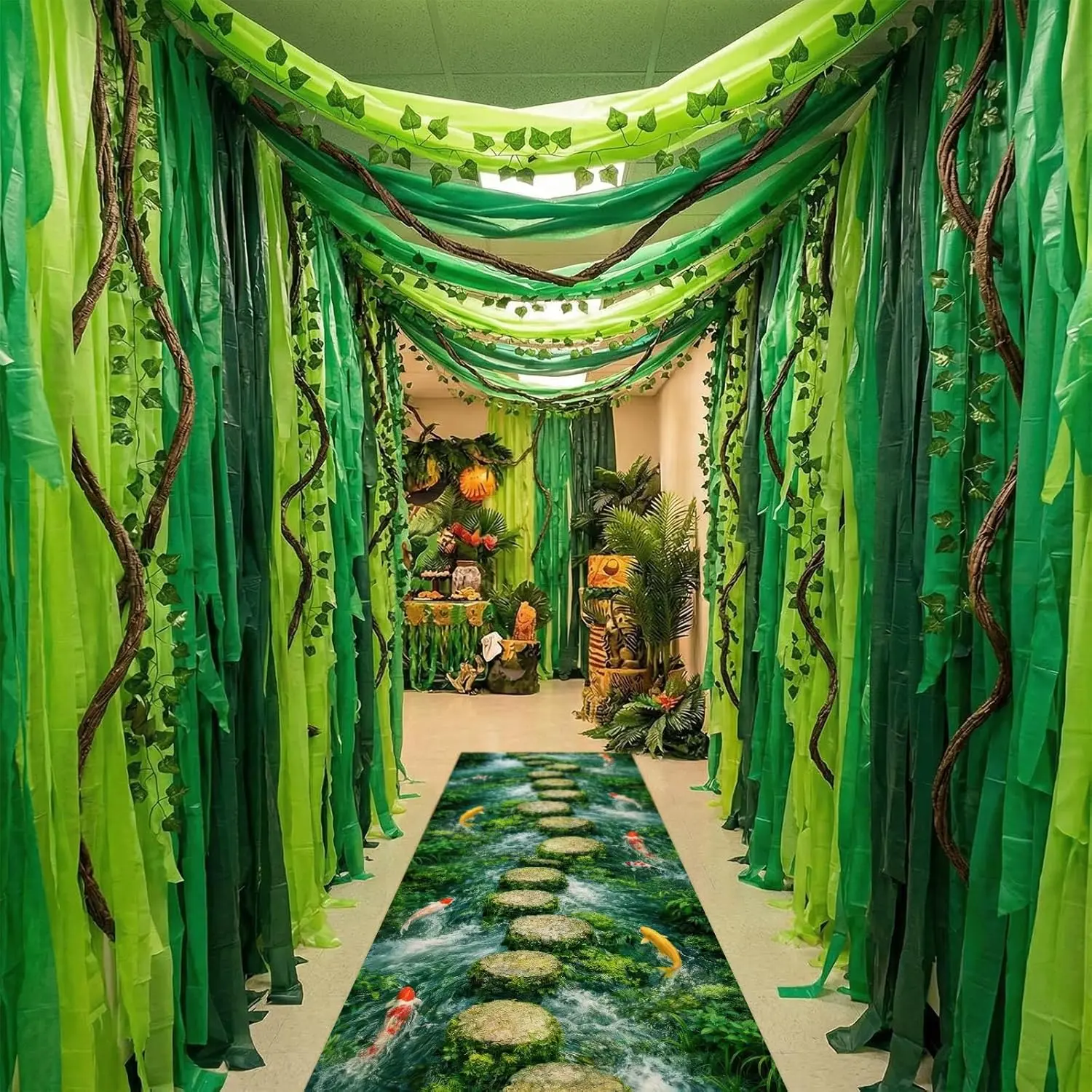17 Pcs Jungle Party Decorations Safari Tropical Rainforest Decor Artificial Vines Leaves Pothos Vines Jungle Floor Runner Tropical Safari Party Decor for Hawaiian Backdrop Indoor Outdoor