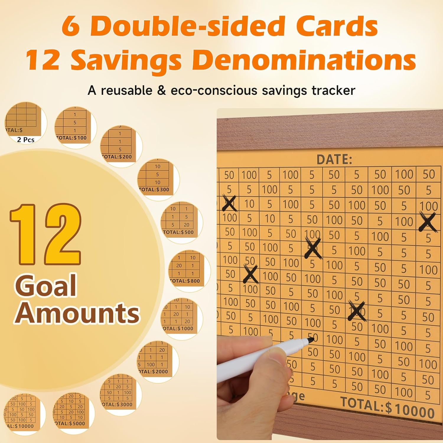 Wooden Money Saving Box for Kids & Adults - Reusable $10,000 Savings Challenge Box with Progress Tracker & Cash Vault, Educational Piggy Bank Gift for Boys Girls 3-12（12 Amounts）