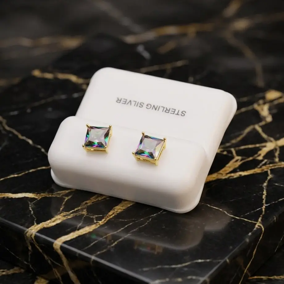 Mystic Topaz Cz Earrings Square 14k Gold over 925 Sterling Silver