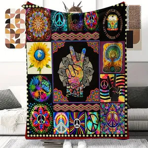 Peace Sign Hippie Gift Throw Blanket for Dad, Ladies, Girls, Birthday, Father's Day, Home Bedroom Living Room Decor, Soft Comfortable Lightweight Fleece, Contemporary Patterned Chunky Knit, All Seasons, Black Polyester