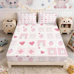 Cute Bunny Fitted Sheet 3-Piece Set (1 Fitted Sheet + 2 Pillowcases, No Pillow Insert Included), Kawaii Sweet Style, Deep Pocket Soft & Breathable Fabric, Ideal for Teens & Adults Bedroom Decor, Perfect for Family Use