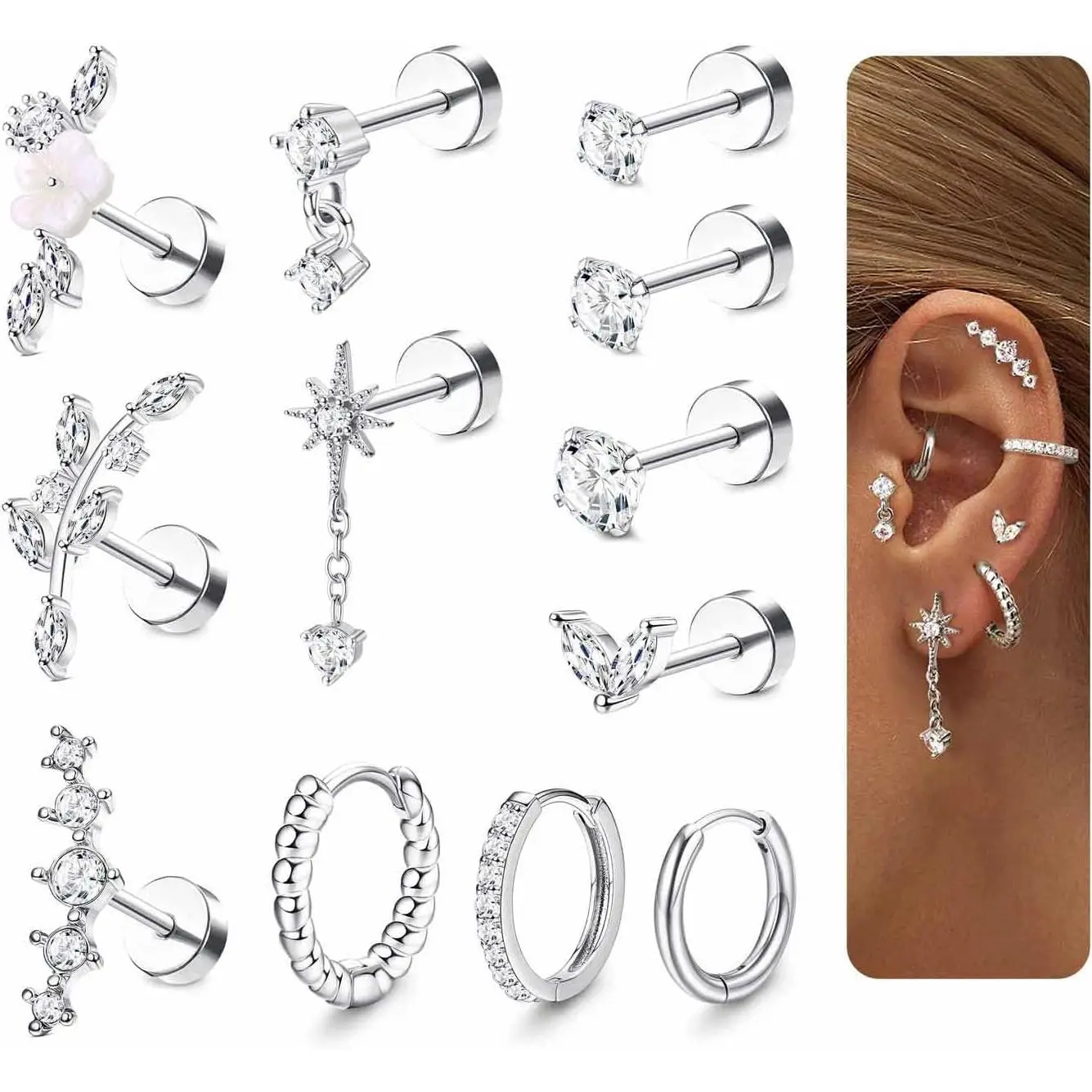 12 Pcs Stainless Steel Cartilage Flat Back Earrings Silver Zircon Micro Inlaid Light Luxury Earrings Hypoallergenic Earrings Fashion Accessories