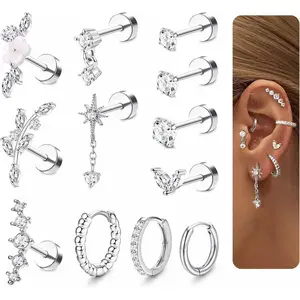 12 Pack Cartilage Earring Set Flat Back-Hypoallergenic Surgical Stud Anti Sensitivity Titanium Steel Zircon Earrings Beauty & Personal Care