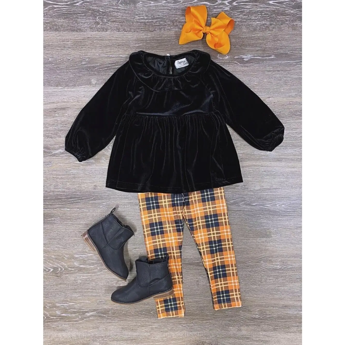 Orange & Black Velvet Top Plaid Girls or Toddler Fall or Halloween Leggings Outfit