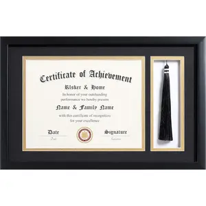 11x17 Diploma Frames with Tassel Holder for 8.5x11 Certificate Document Shadow Box, Matte Black Frame, Degree Double Mat, Black with Gold Rim