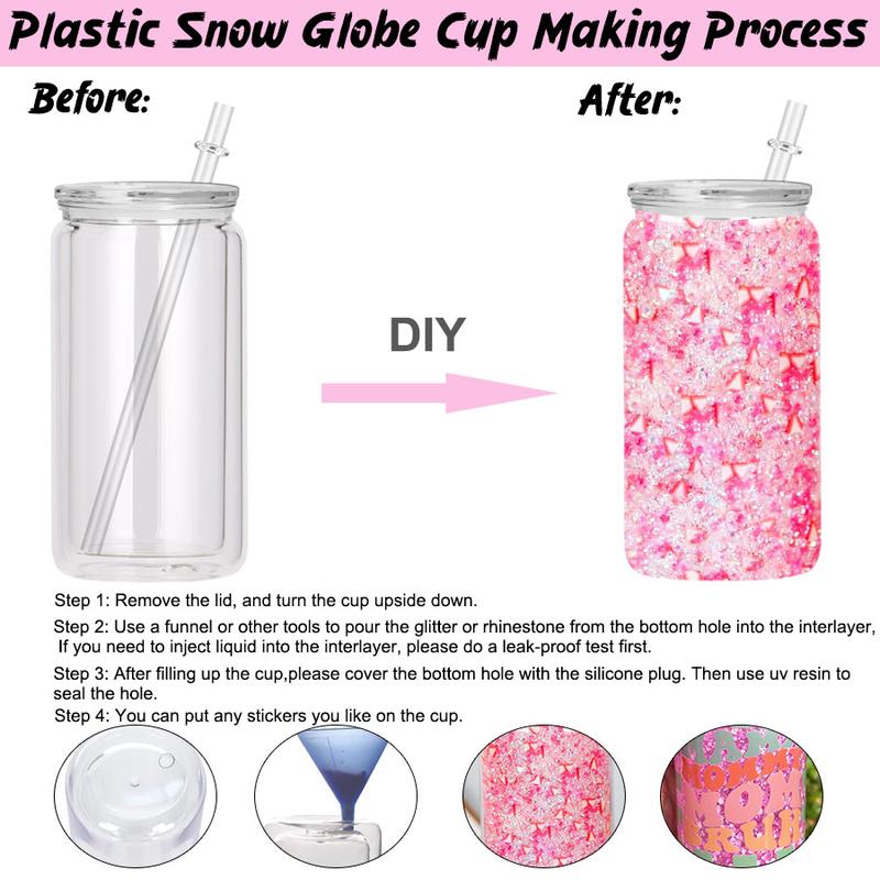 [ 4/6/8/25/50PCS ] 16 oz Plastic Snow Globe Tumbler, Pre-Drilled Double Wall Plastic Can Cold Drinks Snowglobe Cup with Lid and Straw for Snow Globe Glitter DIY Gift