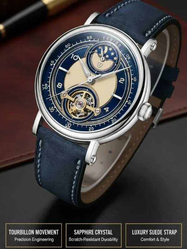 TEVISE Mens Fashion Automatic Skeleton Watch Moon Phase Luminous Hands Business Gift Alloy Case Leather Strap No Battery Required relojes para hombres