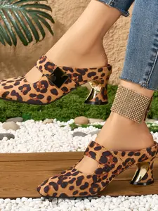 Elegant Women's Leopard Print Square Toe High Heel Sandals, Fashionable Sandals, Faux Leather Flared Heels, Casual Fall & Winter Shoes, Medium Width, Footwear