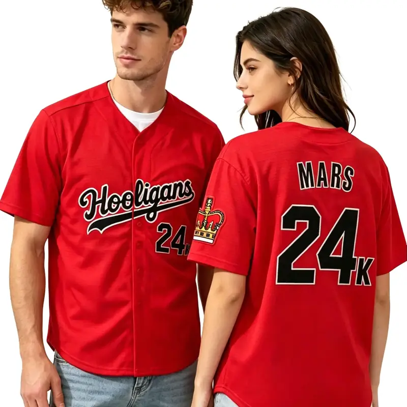Men's Oversized Mesh Baseball Jersey, 24 Karat Mars Hooligans Embroidered Unisex Couple Set, Hip Hop Rap Concert Red Top for Sports & Outdoor Professional Use, Mesh Jersey Baseball, Oversized Jersey Baseball