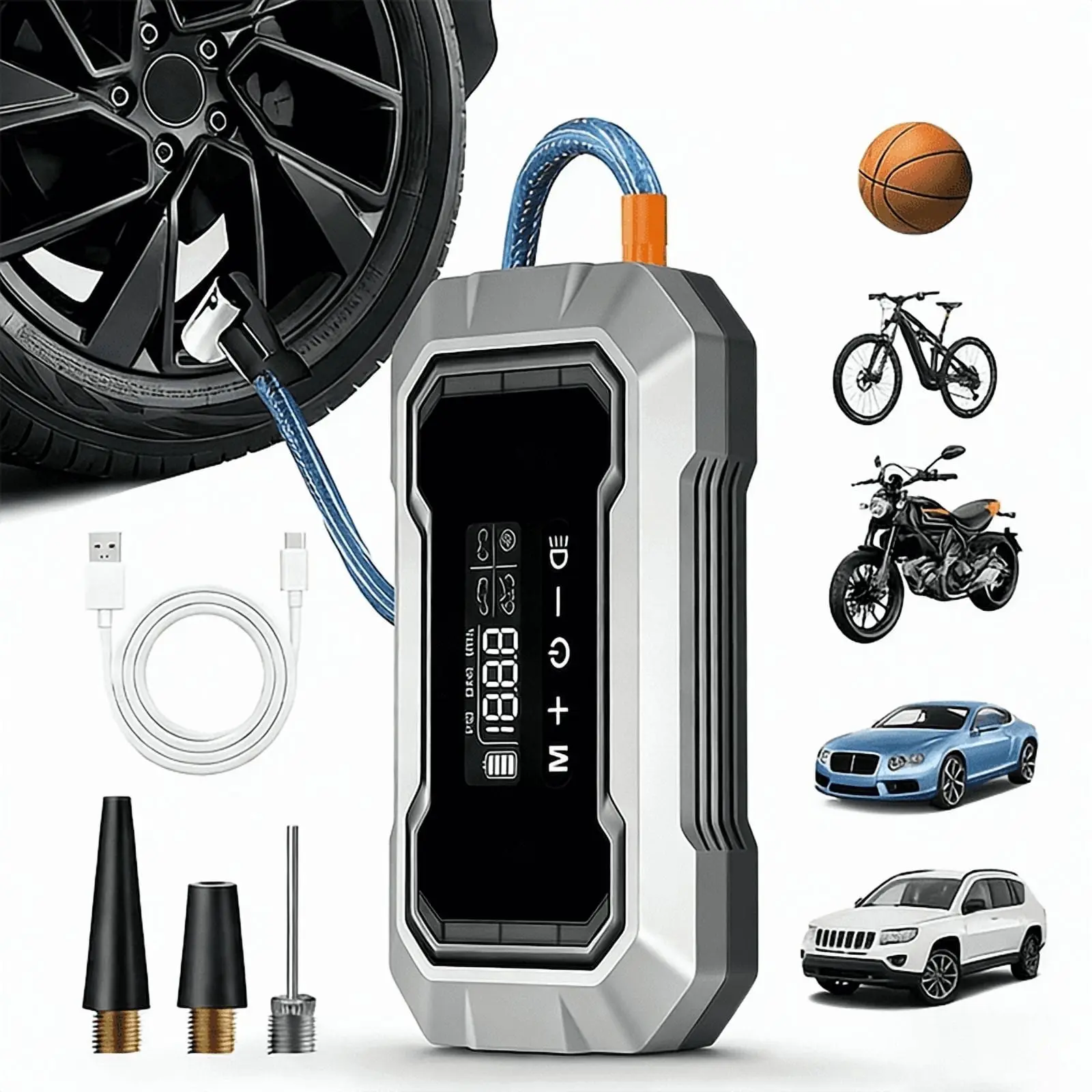 NARBELL Tire Inflator Air Compressor, Digital Car Tire Pump 12V DC, Portable Car Accessories for Men, Electric Air Pump 150 PSI For Car Tires, Bikes, Football, Preset Tire Pressure & Auto Shut off