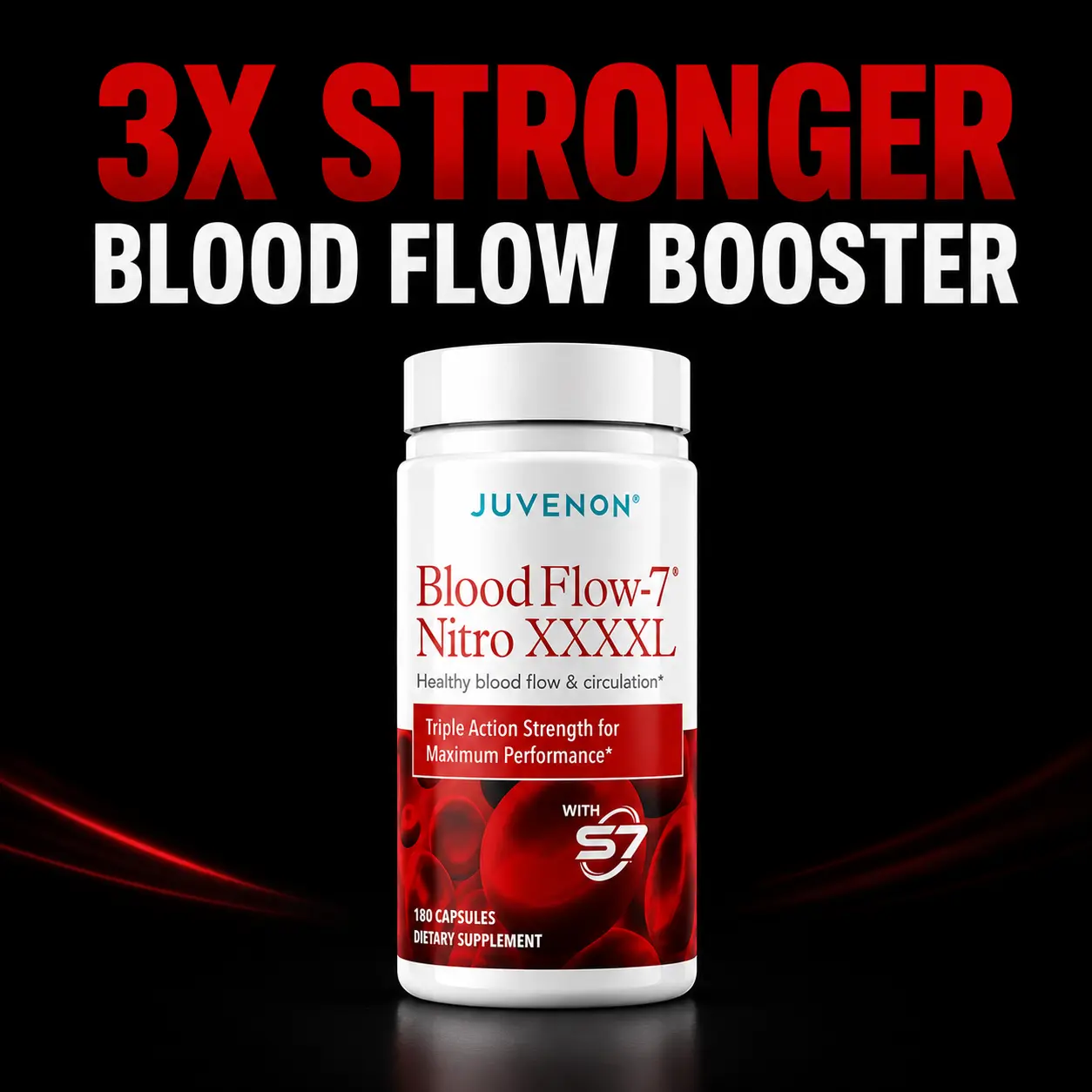 Juvenon BloodFlow-7 XXXL 3X Stronger Blood Flow Booster 230% Increase Nitric Oxide, Max Strength Circulation Support Supplement for Men & Women, 180 Capsules, Extra Strength Daily Blood Flow Support Pills, Nitric Oxide Booster, 3 Month Supply