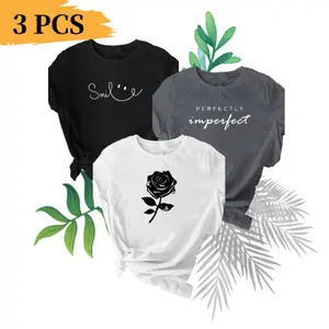 3-Piece Set Of Women's Rose & Perfect & Smile Print Short-Sleeved Summer Round Neck T-Shirts, Casual Shirts, Women's Clothing