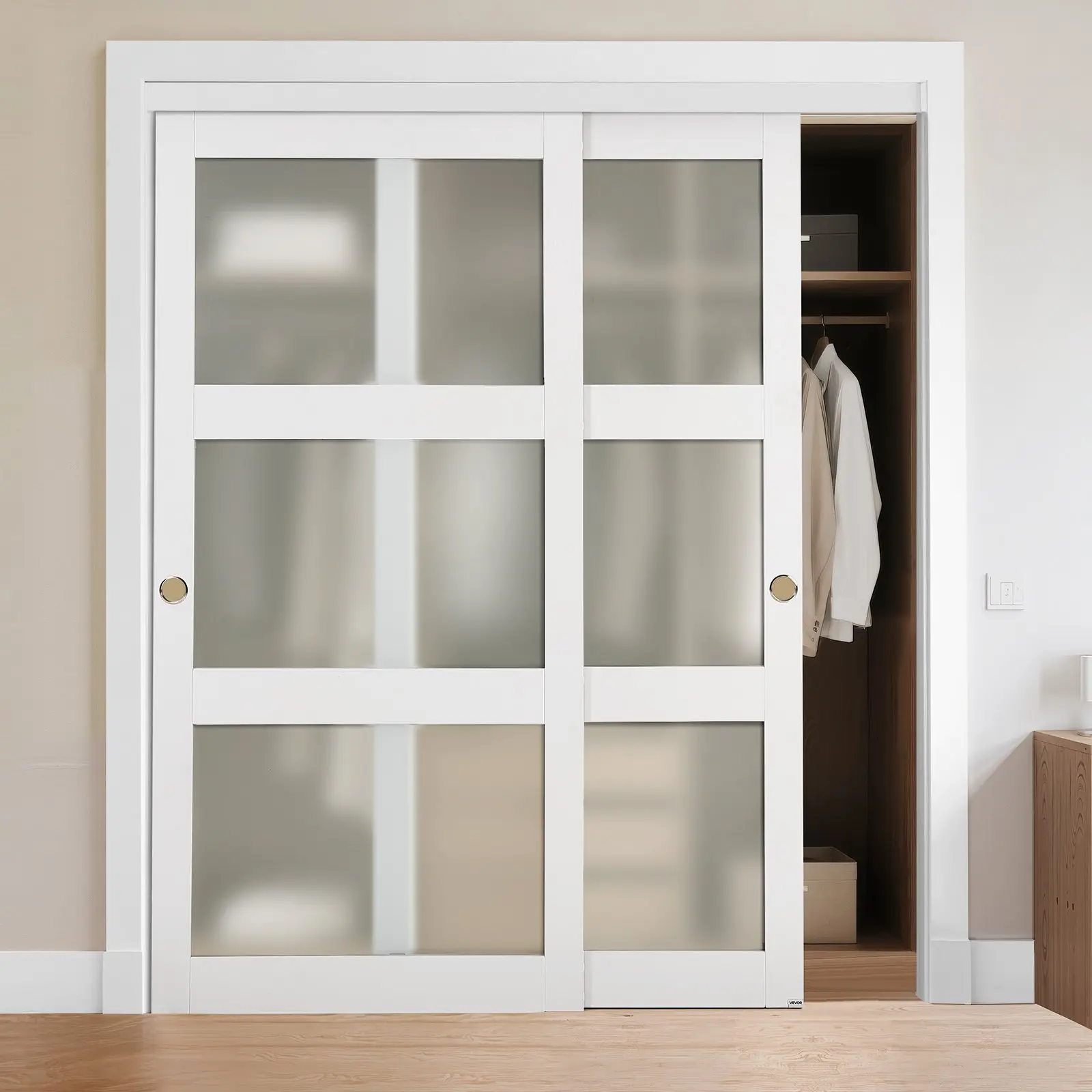 VEVOR Sliding Closet Doors, 72" x 80" Double 37" Panels with 3-Lite Frosted Tempered Glass, Wood & MDF Slab with Waterproof PVC Surface, Hardware Kit & Floor Guide Included, Quiet Smooth Sliding for Closets, Wardrobes, Natural Light Compatible