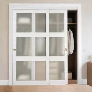 VEVOR Sliding Closet Door, 72" (Double 37") x 80", 3-Lite Frosted Glass Bypass Sliding Doors with Hardware Kit & Floor Guide, Solid Wood & MDF Slab with Water-Proof PVC Surface for Closets Bedrooms