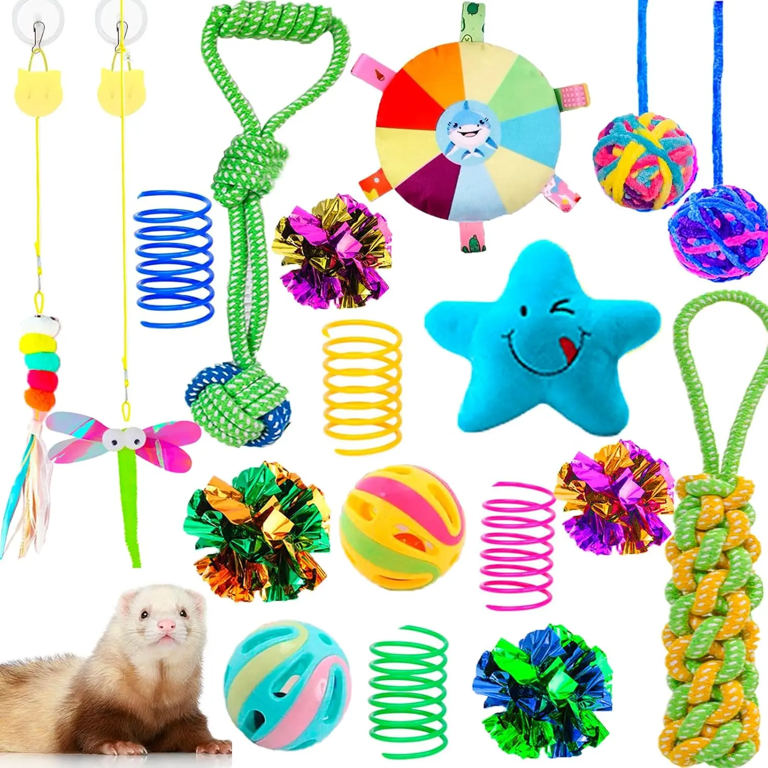 18-Piece Assorted Ferret Squeaky Enrichment Toys Set - Strong Materials Rubber Teeth Grinding Balls, Bouncy Bell Ball, Interactive Toy for Stimulating Natural Hunting Instincts (Suitable for Cats, Dogs)