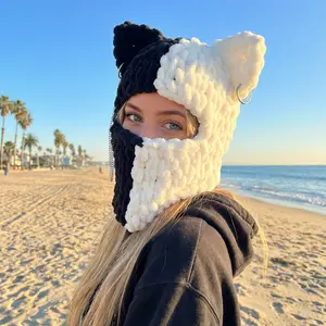 Knitted Plush Face Mask Balaclava for Men and Women, Handmade Thick Yarn Hood with Cat Ears and Black White Color Block Cool Style skibalaclava High Altitude Workout Resistance Breathable Ski cat ski mask Tactical secret UV Protection face motorcycle 2021