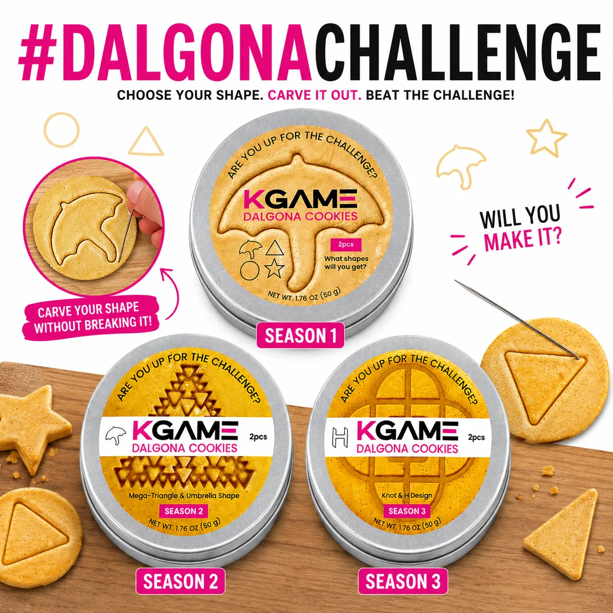 KGAME Dalgona Cookie Tin Challenge - Season 1,2,3 Collectible Korean Honeycomb Candy Carving Game, Viral Crunchy Candy in Reusable Tin, Multiple Shapes Available