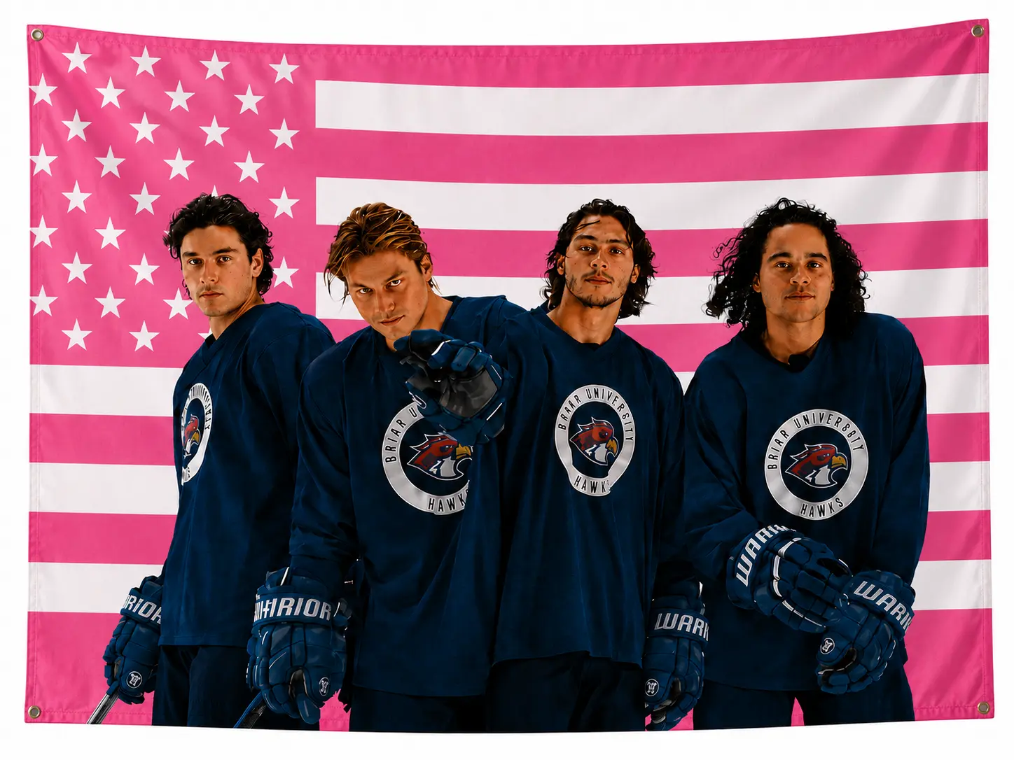 Pink American Flag Hockey Team Tapestry, Briar University Hawks Wall Hanging, College Hockey Players Poster, Sports Room Decor, Dorm Wall Art Gift for Hockey Fans, Pink USA Flag Banner